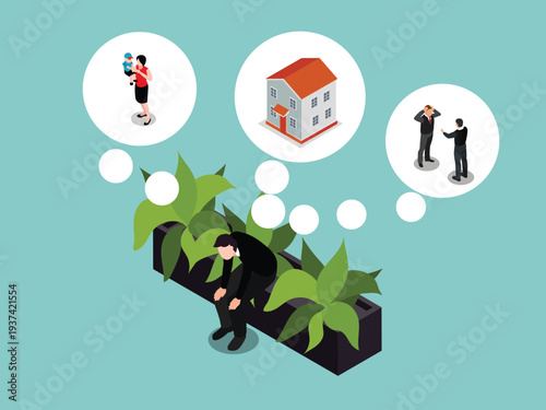 Depressed Businessman Overwhelmed by Work Stress, Family Responsibilities, and Financial Pressure 3d isometric vector illustration