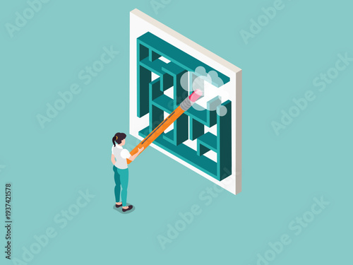 Creative Businesswoman Erasing Maze Walls to Find a Solution and Shortcut to Success 3d isometric vector illustration