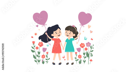 Two young girls holding heart-shaped balloons surrounded by flowers.