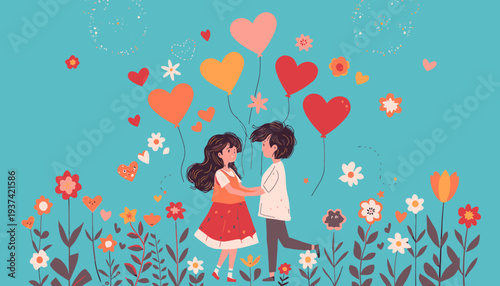Couple embracing in a field of flowers with heart balloons.