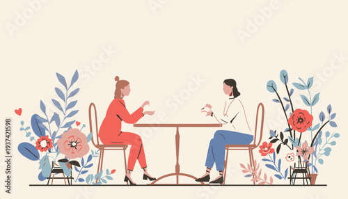 Two women having a conversation over coffee at a table surrounded by flowers.