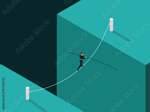 Businessman Tightrope Walking Between High Cliffs: Concept of Risk Management, Career Ambition, and Business Balance 3d isometric vector illustration