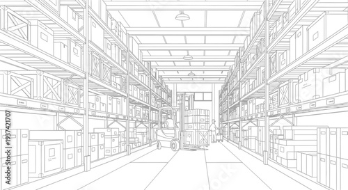 Detailed Line Art Illustration of a Modern Warehouse Interior with Forklift, Storage Racks, and Boxes. Logistics and Supply Chain Concept.
