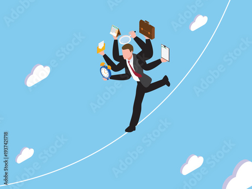 Multitasking Businessman Balancing on Tightrope in the Sky: Concept for Work-Life Balance, Stress Management, and Corporate Responsibility 3d isometric vector illustration