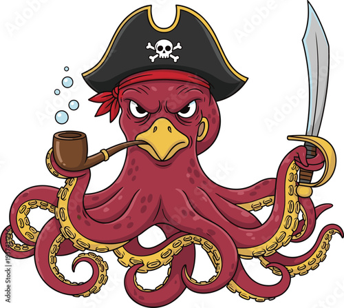 Pirate octopus cartoon character holding sword and smoking pipe, humorous sea creature illustration isolated for mascot, nautical, and adventure themes