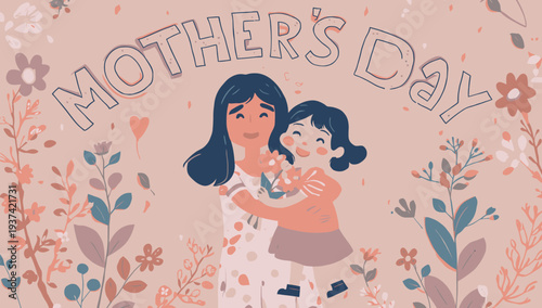 Mother and daughter embracing on Mother's Day illustration.