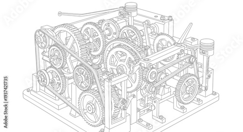 Mechanical Engineering Blueprint: Complex Machine Mechanism with Gears, Pulleys, Belts, and Engine Components