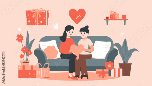 Couple Celebrating Valentine's Day on the Couch with Gifts and Flowers.