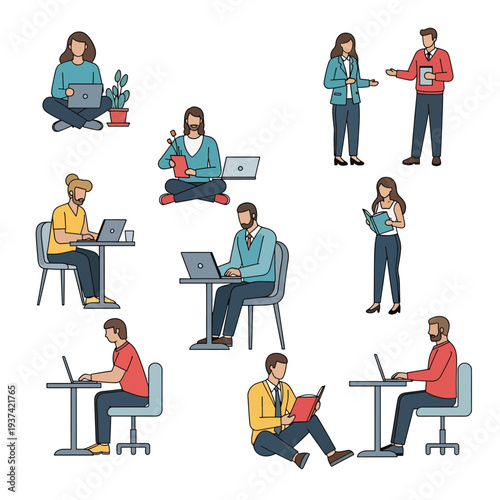 People Working on Laptops in Various Poses.