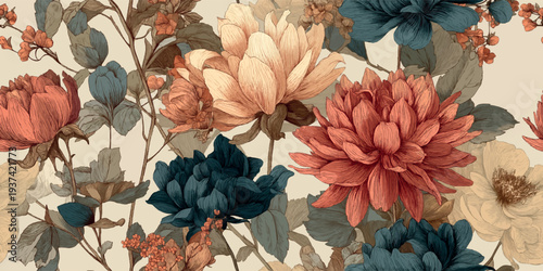 Vintage seamless vector floral pattern with detailed line art peonies and wildflowers in coral and teal for rustic home decor, botanical textiles, elegant wallpapers, and retro-inspired packaging