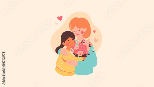 Mother and daughter sharing a tender moment with flowers.