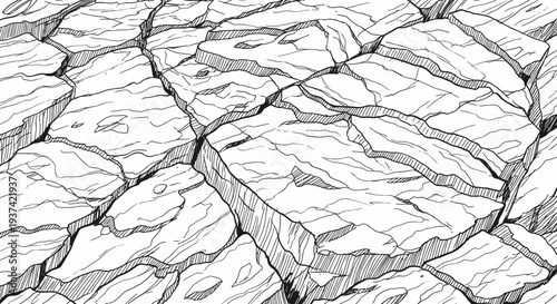 Stylized cracked ground texture, black and white hand-drawn illustration with comic art aesthetic, abstract fragmented surface.