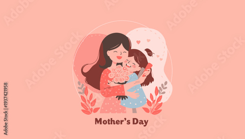 Mother and daughter embracing on Mother's Day illustration.