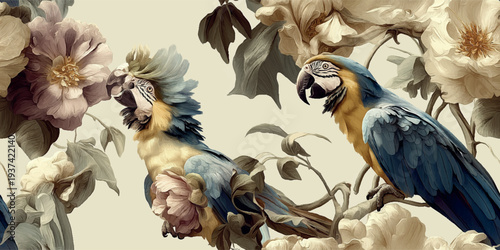 rtistic seamless vector pattern with majestic macaws and vintage cream peonies for luxury interior wallpapers, exotic textiles, high-end fashion prints, tropical branding, and decorative packaging