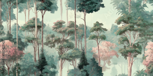 Atmospheric seamless vector forest pattern with misty pine and deciduous trees in soft teal and pink tones for nature-inspired wallpapers, outdoor branding, eco-friendly packaging, and textiles