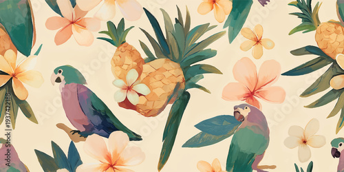 Vibrant seamless vector tropical pattern featuring colorful parrots, pineapples, and plumeria flowers for summer fashion, beachwear textiles, exotic packaging, party stationery, and bright wallpapers