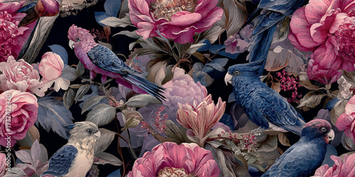 Dark moody seamless vector pattern with blue and pink cockatoos among lush peonies for dramatic fashion textiles, luxury wallpapers, botanical branding, and sophisticated interior home decor