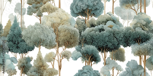 Detailed seamless vector landscape pattern with diverse forest trees in a classic botanical style for vintage wallpapers, nature-themed textiles, educational packaging, and rustic home decor