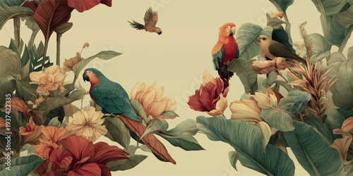 Exotic seamless vector pattern with tropical parrots among large hibiscus and palm leaves for summer textiles, resort wear fashion, botanical packaging, luxury wallpapers, and island branding