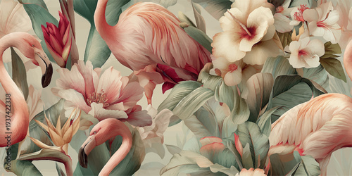 Elegant seamless vector pattern with pink flamingos and tropical hibiscus flowers for feminine textiles, nursery wallpapers, summer fashion prints, wedding stationery, and luxury home decor.