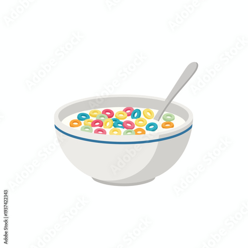 Colorful Breakfast Cereal in a White Bowl with Spoon on a Plain Background