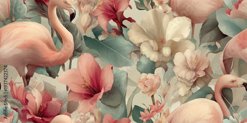 Elegant seamless vector pattern with pink flamingos and tropical hibiscus flowers for feminine textiles, nursery wallpapers, summer fashion prints, wedding stationery, and luxury home decor.
