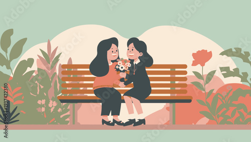 Two women sitting on a bench with a dog in a serene garden.