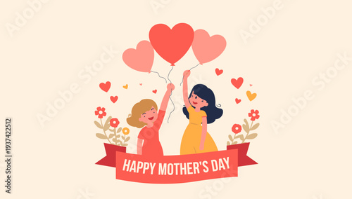 Happy Mother's Day illustration with mother and daughter holding hearts.