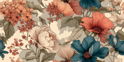 Vintage seamless vector floral pattern with detailed line art peonies and wildflowers in coral and teal for rustic home decor, botanical textiles, elegant wallpapers, and retro-inspired packaging