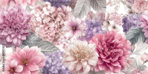 Soft seamless vector floral pattern with lush roses and peonies in romantic shades of pink and lavender for delicate textiles, wedding invitation designs, feminine packaging, and elegant home decor