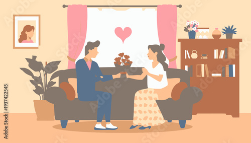 Couple Sitting on Sofa in Living Room with Heart Shaped Window Curtain.