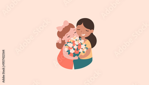 Mother and daughter sharing a loving moment with colorful balloons.