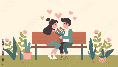 Couple Sitting on Bench with Flowers and Hearts.