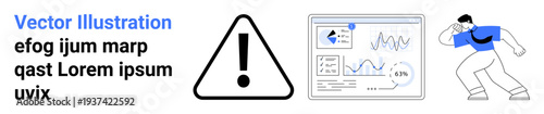 Alert systems, data monitoring, risk management, data analysis, problem detection, workplace safety. Warning sign, analytics dashboard person responding. Alert systems and data monitoring concept