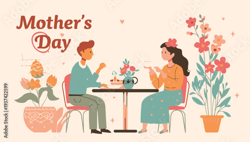 Illustration of a man and woman celebrating Mother's Day together.