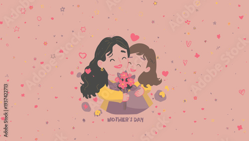 Two women embracing and exchanging flowers on Valentine's Day.