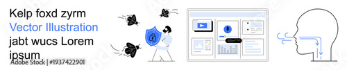 Cybersecurity, online privacy, data analysis, digital protection, secure communication, threat prevention. A person holds a shield fending off bugs. Cybersecurity and online privacy concept