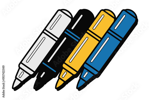 A set of four colorful markers are lined up diagonally against a white background, ready for use.