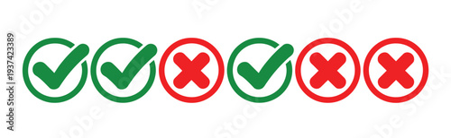 Green checkmarks and red crosses icons on white background for approval and rejection