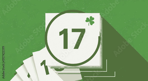 Stack of white cards with numbers and four leaf clover on green background with shadow symbolizing good luck and fortune in a minimalist