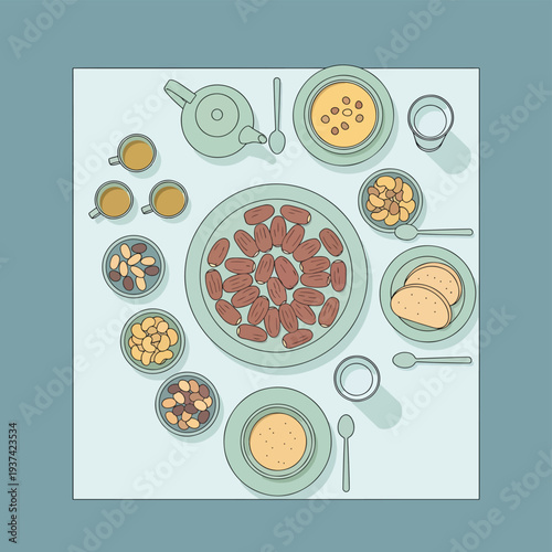 Breakfast Table Setting with Various Food Items.