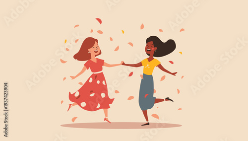 Two happy young women dancing together holding hands.