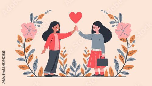 Two women exchanging a heart symbol surrounded by floral elements.