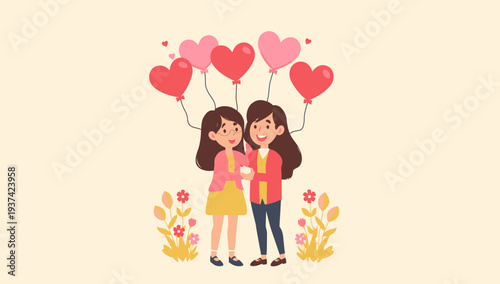 Two young girls embracing with heart-shaped balloons on a pastel background.