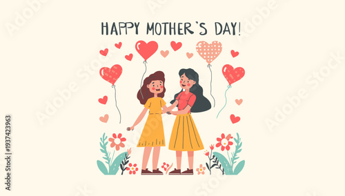 Happy Mother's Day illustration of mother and daughter embracing.