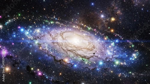 A swirling galaxy is shown with glowing rings surrounding a bright, cloudy center against a star-filled black backdrop