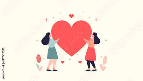 Two women holding a large red heart together symbolizing friendship and love.