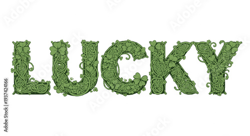 Lucky word graphic made from green shamrocks on white background symbolizing good fortune and irish heritage perfect for st patrick's day