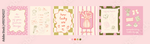 Spring fun girly poster set. Whimsical collection of wall art prints. Bright summer trendy lettering and line art illustrations. Soft girl stylish vector. Perfect for 8 march, galentine, birthday card