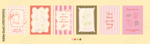 Spring fun girly poster set. Whimsical collection of wall art prints. Bright summer trendy lettering and line art illustrations. Soft girl stylish vector. Perfect for 8 march, galentine, birthday card